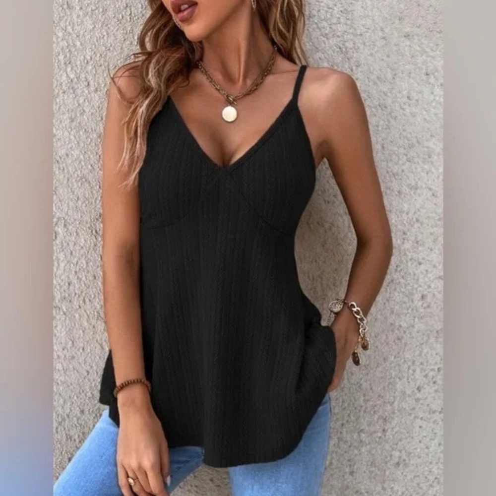 Black Casual Flared Cami Tank Top V-Neck